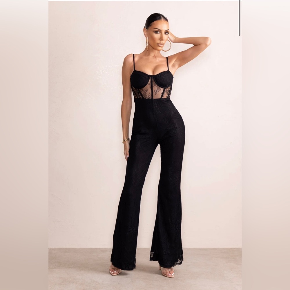 Club London BLACK LACE CORSET BODICE FLARED LEG JUMPSUIT